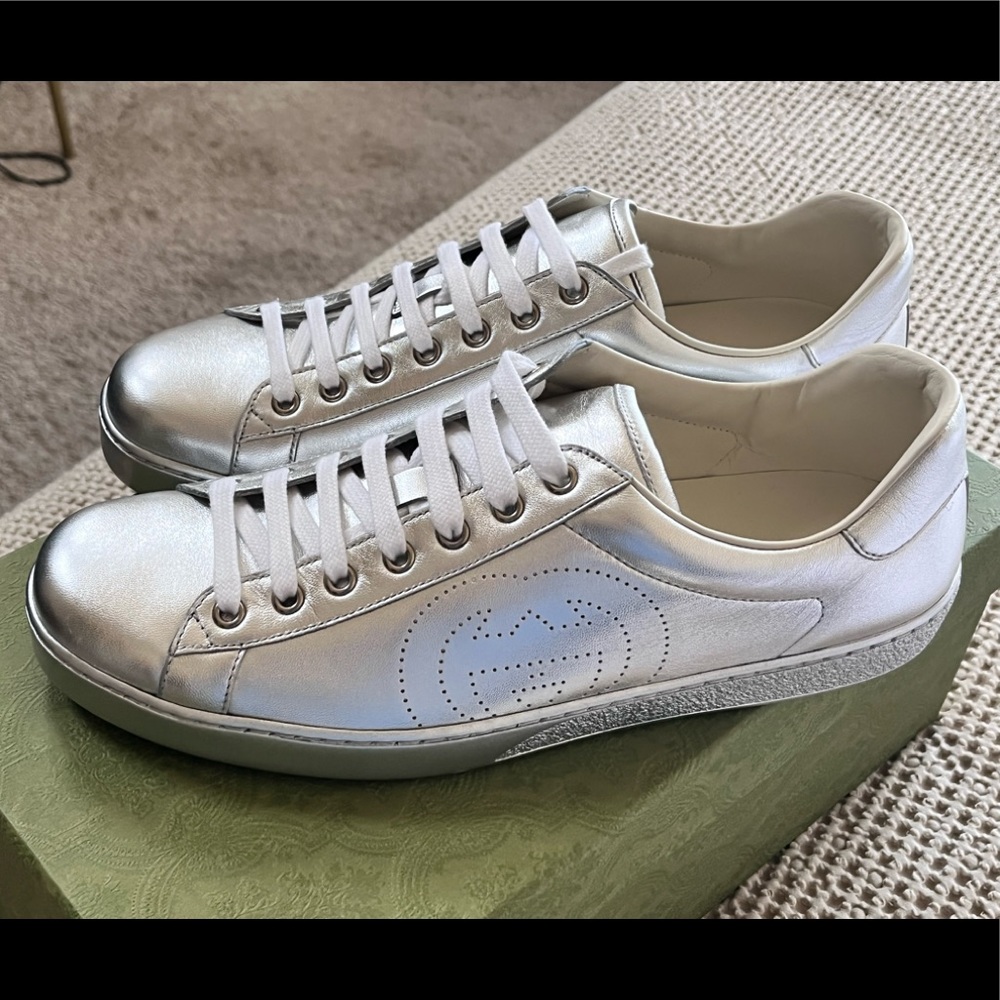 Men's New Gucci Ace Metallic Silver Sneaker